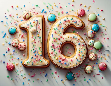 Decorated cookie, number 16, illustration for birthday or anniversary celebration - Powered by Adobe