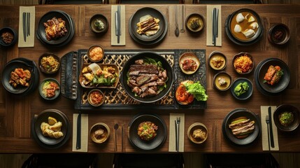 Fototapeta premium A stunning view of a traditional Korean dining table set with an array of dishes, showcasing the importance of presentation in Korean cuisine.