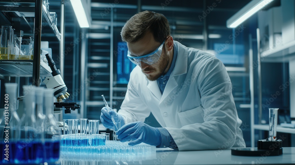 Poster a scientist in a laboratory meticulously handles test tubes and samples while wearing a lab coat, go