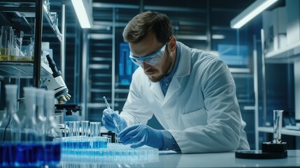 A scientist in a laboratory meticulously handles test tubes and samples while wearing a lab coat, goggles, and gloves for safety. Generative AI