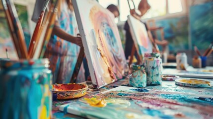 Creative Art Class for Adults Participants Engaging in Painting