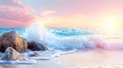 Fototapeta premium Sunset Beach Waves and Rocks