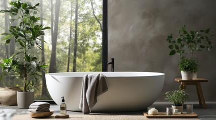Fototapeta premium A minimalist bathroom interior with a freestanding bathtub, lush greenery, and natural light streaming through a large window