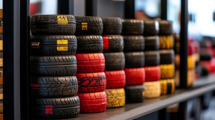 Stack of Tires on Shelf in Garage or Workshop