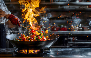 Chef Expertly Stir-fries Vibrant Vegetables in Flavor , cooking on the grill 