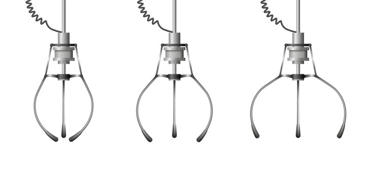 Metallic claw machine for arcade game. Lucky automatic crane for risk game. Metal hook icon