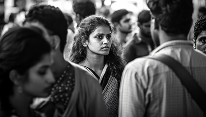 Fototapeta premium Shoot candid photos of people interacting naturally in crowded spaces like markets or festivals, focusing on authentic expressions and interactions