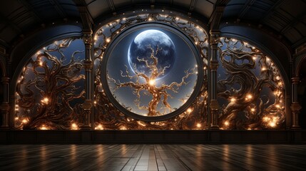 An ethereal, circular window, with a glowing golden tree and a crescent moon, set into the ornate walls of a mysterious, darkened chamber.