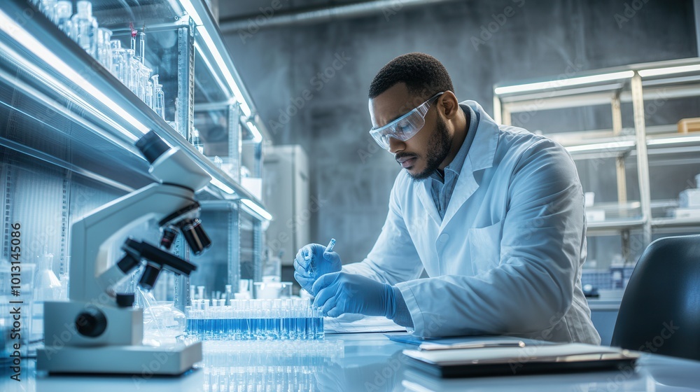 Poster a scientist wearing protective gear is meticulously managing test tubes and samples in a clean labor