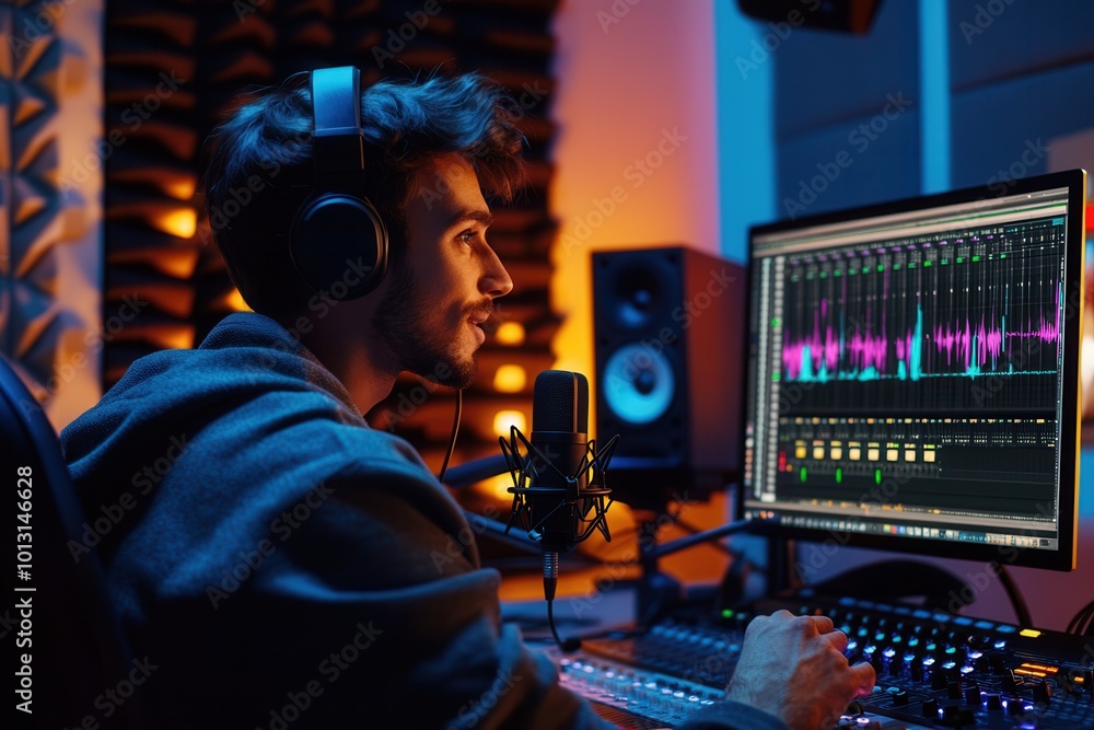 Poster the podcaster engages with the microphone and monitors audio levels in a well-lit studio setup, focu