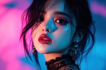 Fototapeta premium A striking portrait of a woman wearing elegant makeup and jewelry, highlighted by bold pink and blue lighting, creating a mysterious and dynamic atmosphere.