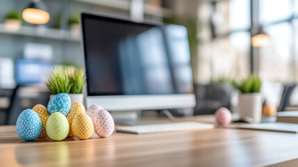 Easter eggs celebrating on a desk in a modern office