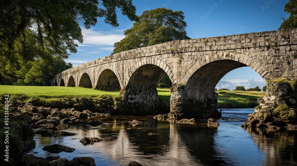 Sticker Stone Arch Bridge Spanning a Tranquil River, Its Arcs Framing a Glimpse of Lush Green Fields and a Bright Blue Sky