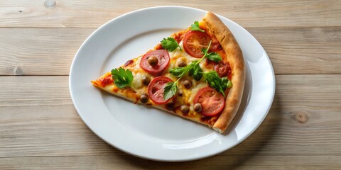 Bird's-eye view of a delicious pizza slice on a white plate, perfect for culinary lovers and straightforward eating