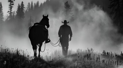 Silhouettes of a Cowboy and Horse in Foggy Meadow
