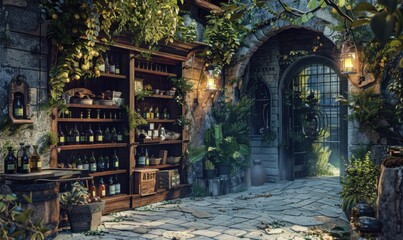 Wizard's potion boutique amidst ancient ruins, 4K hyperrealistic photo