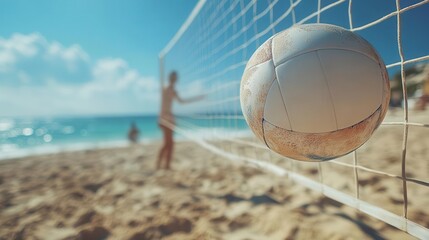 A vibrant beach scene with a volleyball soaring over the net, capturing summer fun and sportsmanship by the ocean.
