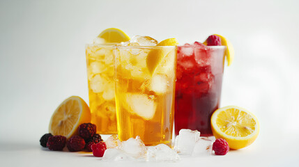 Ice cold and fresh beverage collection, ice tea, yellow citrus and red berry lemonade