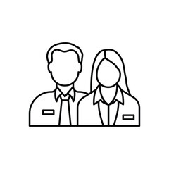 Company staff linear icon. Man and woman in uniform. Official business representatives. Thin line customizable illustration. Contour symbol. Vector isolated outline drawing.
