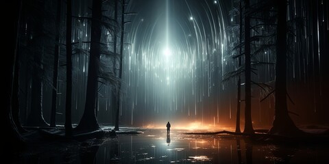 Fototapeta premium A lone figure stands in a forest illuminated by a radiant ethereal light, shimmering streams of luminescence cascading through the trees, reflecting in the still water below.