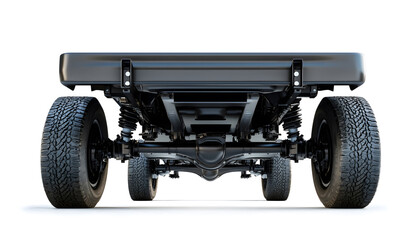 Black Car Chassis with Suspension and Tires on a White Background design