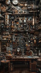 Gear-filled atelier of eccentric contraptions, 4K hyperrealistic photo