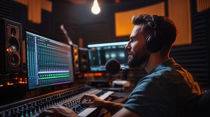 The podcaster focuses intently on the controls, delivering captivating audio content in a sleek, well-equipped studio. Generative AI