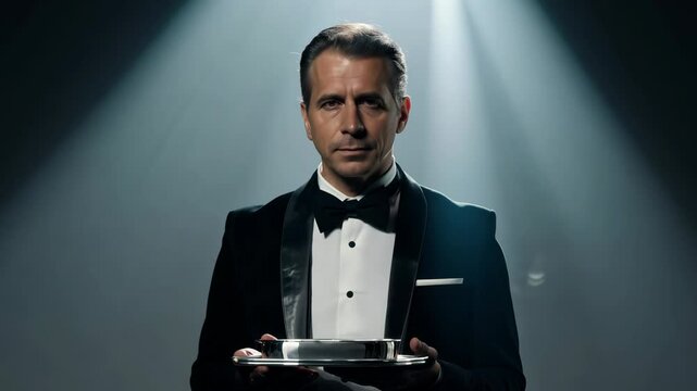 A formal middle-aged man in a tuxedo holds a silver tray in a static shot, illuminated by a spotlight against a neutral gray backdrop.