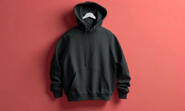 A plain black hoodie jacket is displayed, making it an ideal candidate for mockup design needs. Its simple, versatile design ensures that any added graphics or logos will stand out clearly.