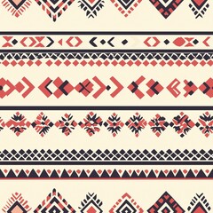 Minimalist Geometric Pattern with Red and Black Motifs on Beige Background in a Repeating Cultural Design