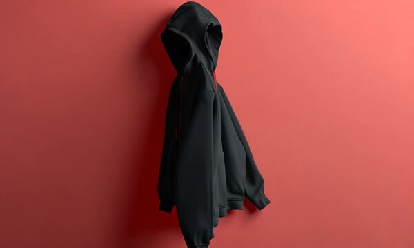A plain black hoodie jacket is displayed, making it an ideal candidate for mockup design needs. Its simple, versatile design ensures that any added graphics or logos will stand out clearly.