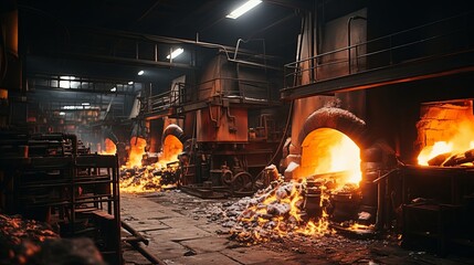 A glimpse into the fiery heart of an industrial facility, where molten metal glows with intense heat, illuminating the cavernous space with an otherworldly orange light.
