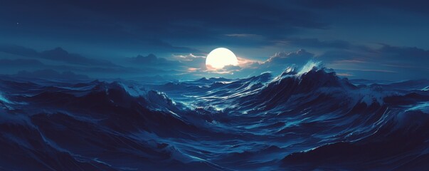 Moonlit night on the high seas, waves cresting under the gaze of a colossal full moon, 4K hyperrealistic photo