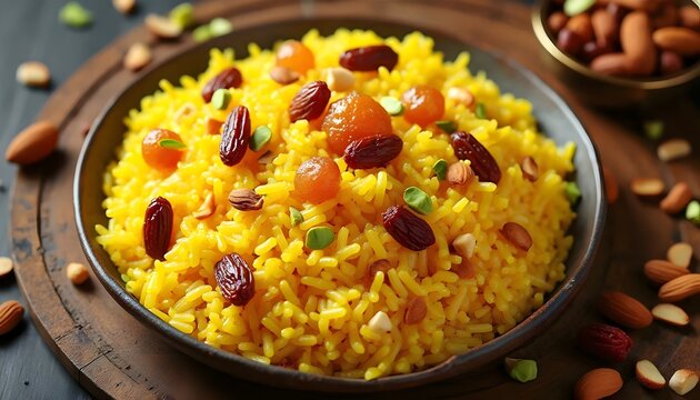 Traditional Zarda Sweet Rice with Almonds and Dried Fruit (Pakistani Cuisine)