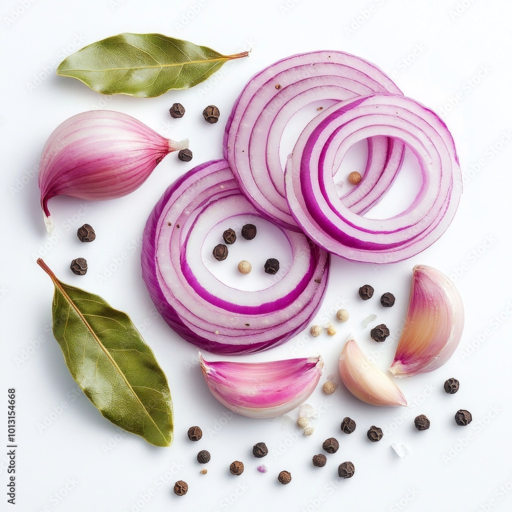 Sticker Fresh red onions sliced in rings create a vibrant display. Surrounding spices add an inviting touch. Perfect for food blogs and recipe websites. Capturing the essence of culinary art. AI