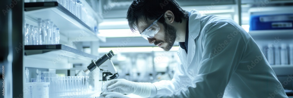 Aufkleber In a well-lit laboratory, a scientist in a white lab coat and protective gear meticulously handles test tubes while using a microscope. Generative AI