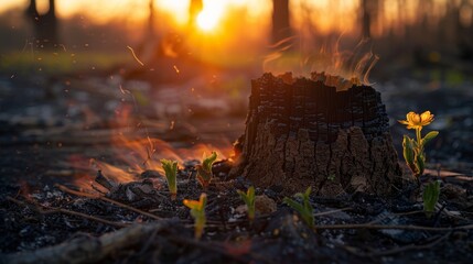Fototapeta premium New life emerges from a burnt tree stump as the sun rises, showcasing resilience in nature after a fire disaster.