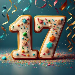 Decorated cookie, number 17, illustration for birthday or anniversary celebration