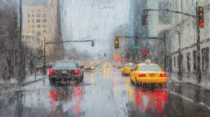 Rainy city street scene featuring cars and vibrant reflections in puddles during a foggy day in an...