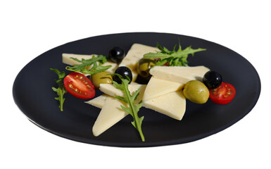 Showcase the variety of Istrian cheeses with olives and tomatoes. This close-up image is perfect for gourmet menus, highlighting the rich flavors and textures.