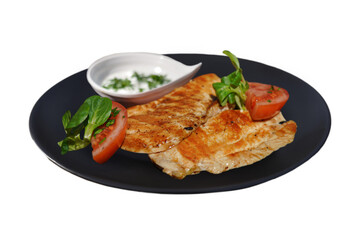 Showcase the juicy, flavorful grilled chicken meat slices. This close-up shot is ideal for menus, emphasizing the perfectly charred exterior and tender meat.