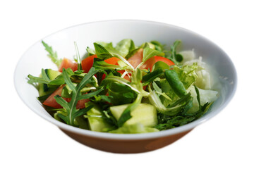 Showcase the fresh, vibrant ingredients of a mixed salad - tomatoes, arugula, and cucumber. This close-up image is perfect for healthy menus, emphasizing its crisp, colorful appeal.