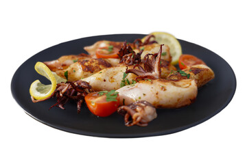 Highlight the smoky, flavorful appeal of grilled squids. Perfect for menus or food photography, this close-up captures the perfectly grilled texture.