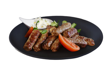 Capture the juicy, flavorful appeal of kebabs with tomatoes. This close-up shot is perfect for menus, emphasizing the well-seasoned meat and grilled perfection