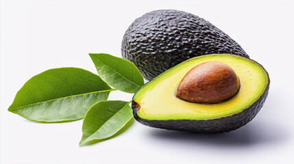 Avocado with leaves isolated on white background