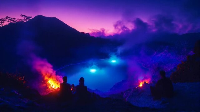 Silhouetted figures peer into the glowing depths of a volcanic crater at twilight, where the interplay of light and shadow creates a mesmerizing dramatic effect.