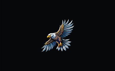 Eagle Flying, Circular Logo Design, Black Background, White Outline, Detailed Eagle Illustration