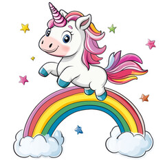 Naklejka premium Cute Cartoon Unicorn and Rainbow
