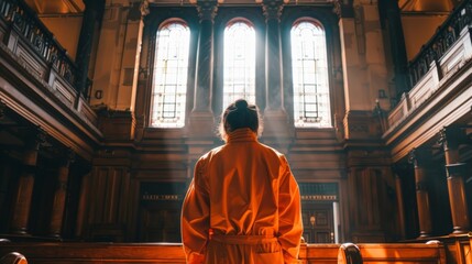 An individual stands quietly in a grand hall, surrounded by light, symbolizing reflection and hope in a solemn setting.