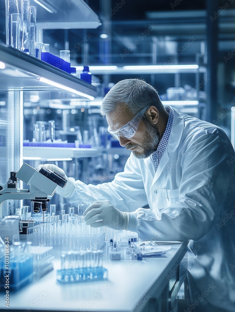 Poster A scientist meticulously analyzes samples using a microscope while surrounded by various test tubes in a modern laboratory. Generative AI
